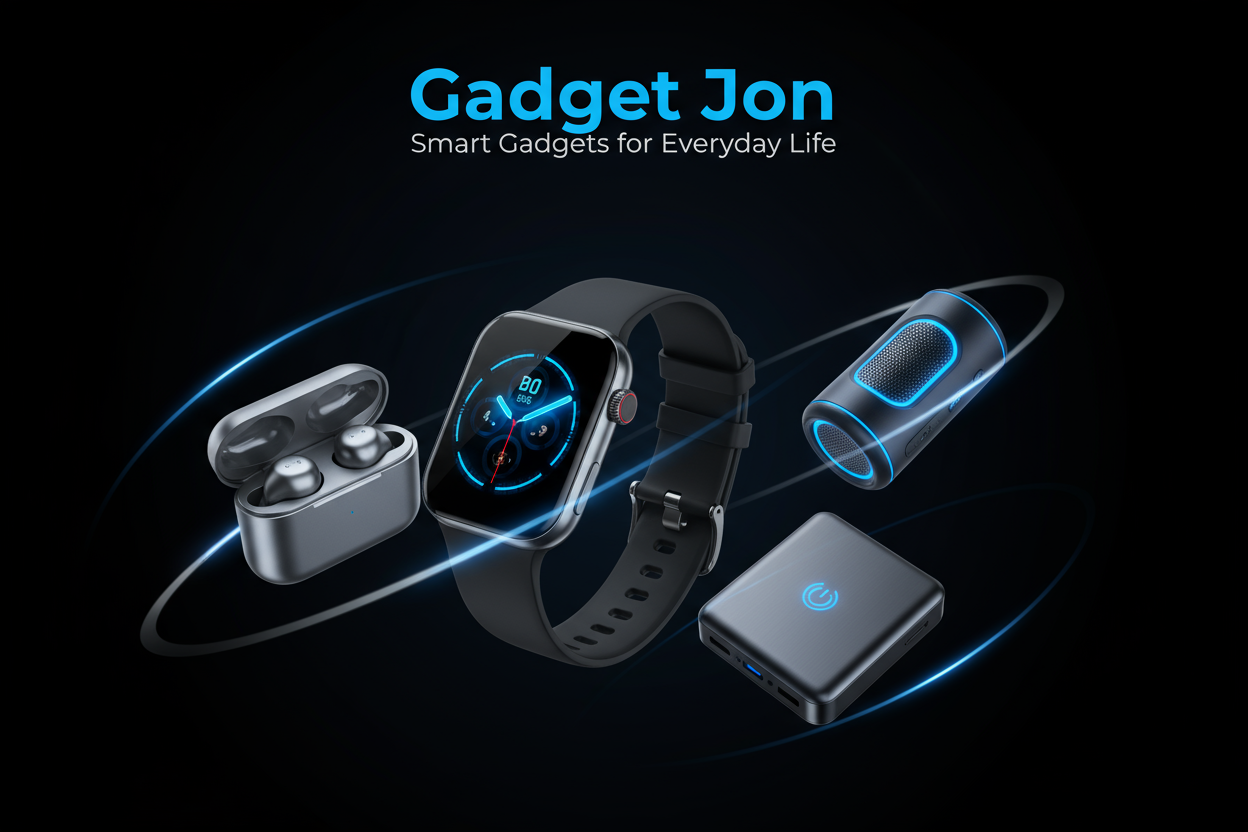 Brand: Gadget Jon Tagline: “Smart Gadgets for Everyday Life Style: Dark black background, electric blue + silver highlights Feel: Smart, professional, electronic tech vibe Products: Smartwatch, earbuds, powerbank, mini spe.ai vaba akta banner den
